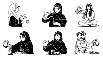 Muslim women characters in hijab serving traditional Arabic coffee and tea hospitality concept vector illustration