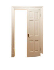 White double doors with glass panes and dark hardware, set in a white frame, slightly ajar and centered, object on white