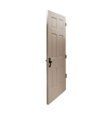 A slightly ajar, six-panel door, painted in a light color, with a dark handle and hinges, isolated on a white background. high-key lighting