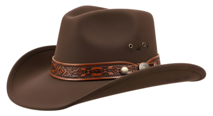 A close-up, eye-level shot of a brown cowboy hat with a brown leather band featuring an intricate geometric pattern, set against a transparent  background.
