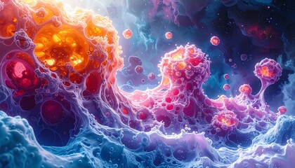 An abstract, vibrant depiction of what appears to be microscopic cellular structures, rendered in bright, vivid hues