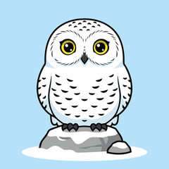 Cute Snowy Owl (Bubo Scandiacus) Perching On Rock, White Arctic Bird Animal Character In Flat Design Style Vector Illustration