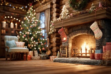 Obraz premium Cozy Fireplace Room with Christmas Tree