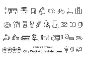 街歩き・お出かけにまつわるアイコンセット（モノクロ）
