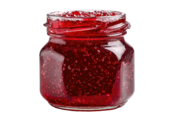Glass jar filled with glistening, dark red fruit preserve with visible seeds