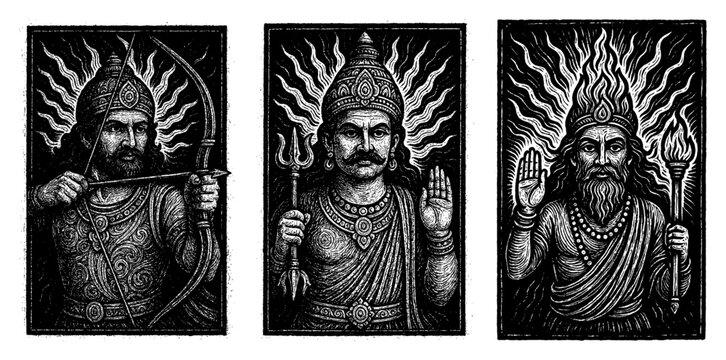 Vintage woodcut style portraits of Hindu gods Shiva Rama and Agni vector illustration