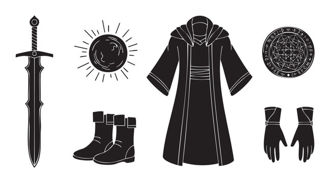 Fototapeta Collection of fantasy hero equipment icons in a black silhouette style, featuring a medieval sword, wizard's cloak, magic sigil, and other adventuring gear