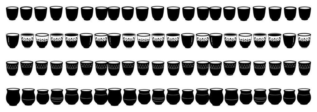 Collection of Indian clay pot borders featuring traditional Kulhad cups for tea or yogurt arranged in horizontal rows for seamless design in silhouette and line art style
