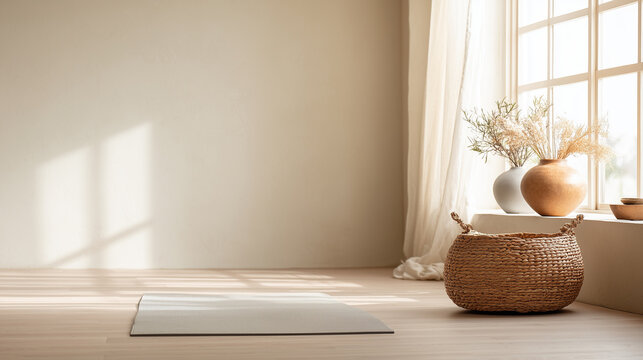 Minimal yoga studio with natural light and calming neutral tones. Minimal studio with yoga mat, woven basket, neutral palette, large window with soft natural light, serene mindful atmosphere. - Powered by Adobe