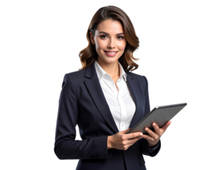 Portrait of a smiling businesswoman holding tablet, business concept, isolated on transparent background.