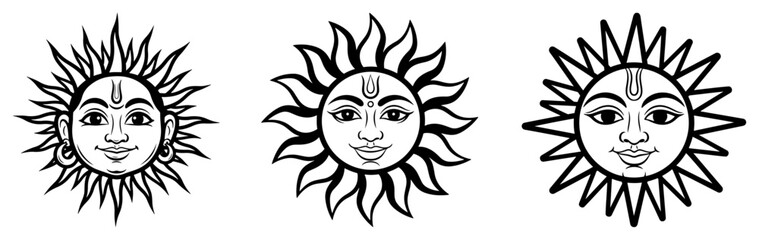 Set of stylized Sun God Surya faces with rays Vector black and white Indian celestial symbol illustration