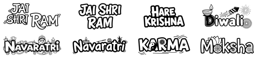 Set of Hindu religious lettering and typography designs featuring Jai Shri Ram and Diwali and Hare Krishna texts