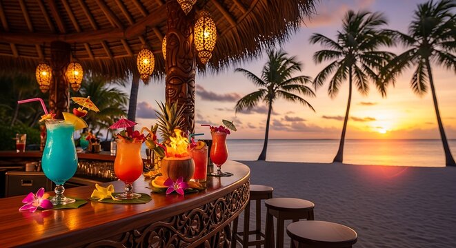 Tropical beach bar scene with cocktails at sunset.