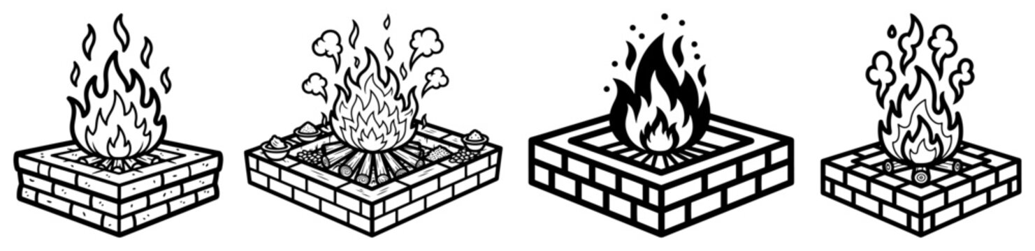 Hindu Sacred Fire Altar Havan Kund With Flames Vector Illustration