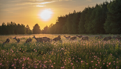 A herd of wild deer grazing peacefully in a vibrant wildflower meadow during a beautiful golden sunset with a forest in the background