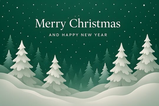 Horizontal green holiday header banner in elegant paper-art style, featuring a serene snowy winter landscape with layered paper-cut hills.