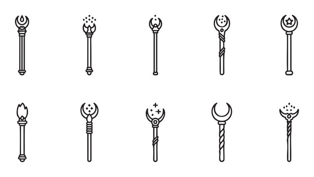 Collection of magical wands and mystical staffs in a minimalist black line art icon set