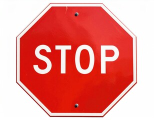 Obraz premium Octagon red road sign with white STOP text on white backdrop