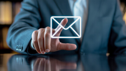 Businessman touching a glowing email icon on a dark reflective surface in office