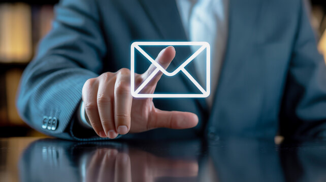 Businessman touching a glowing email icon on a dark reflective surface in office