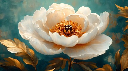 White Peony Oil Painting with Gold Leaves on Teal Textured Background &ndash; Luxury Botanical Wall Art