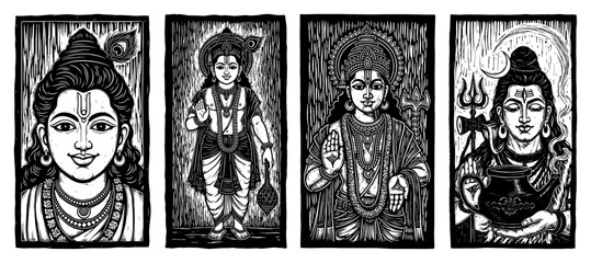 Hindu gods set krishna vishnu and shiva vintage woodcut panels vector illustration