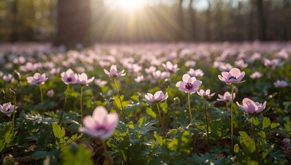 Pink Flowers Bloom in a Sunlit Forest With Vibrant Green Leaves During a Peaceful Spring Morning