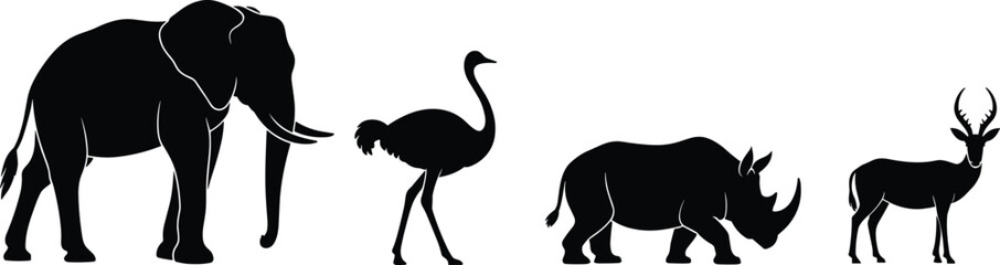 PrintAfrican Wildlife Conservation Silhouettes Vector, Endangered Animals Elephant, Ostrich, Rhino, and Impala for Ecology Graphics