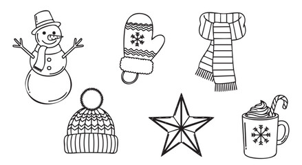 Set of festive winter season doodle illustrations featuring a snowman, warm clothing, a star ornament, and a cozy hot drink, presented in a simple black outline style