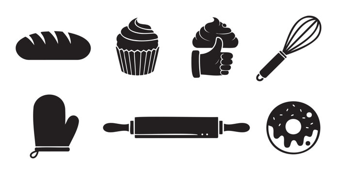 Collection of black silhouette icons for baking and pastry, including bread, cupcake, whisk, rolling pin, oven mitt, and donut