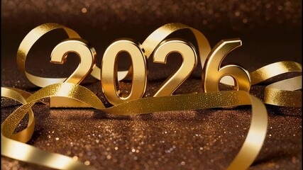 Golden 2026 New Year's celebration with shimmering background and ribbons, perfect for festive greetings and event promotions
