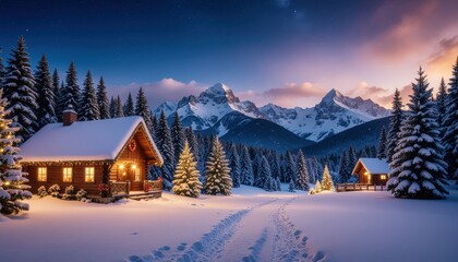Fototapeta premium Winter wonderland scene in the mountains cabin decorated for holidays nature photography snowy environment serene viewpoint cozy concept for seasonal joy and beauty