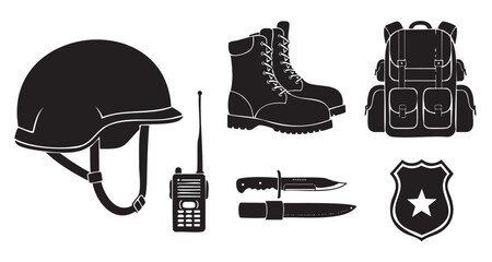 Collection of black silhouette icons representing military and police equipment, including a helmet, boots, backpack, radio, knife, and badge