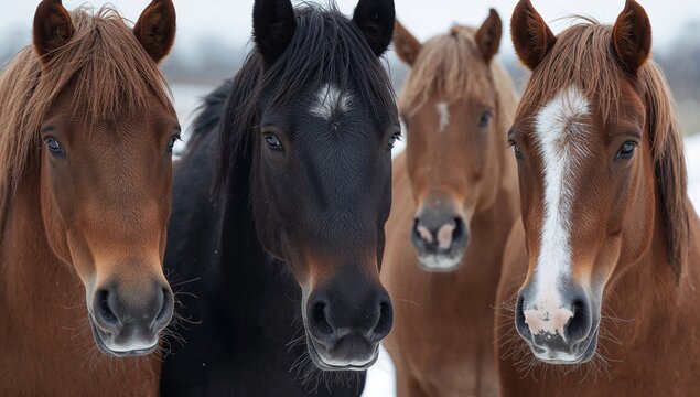 Horses Standing Together in a Winter Landscape With Snow-Covered Ground