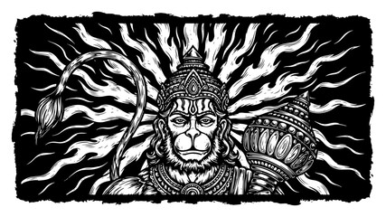 Obraz premium Lord Hanuman With Mace And Radiant Aura Vintage Woodcut Illustration