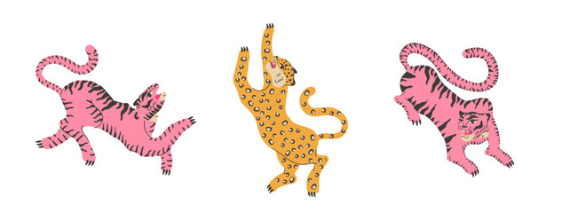 Funky comic leopard set with jungle animals and wildlife tiger.