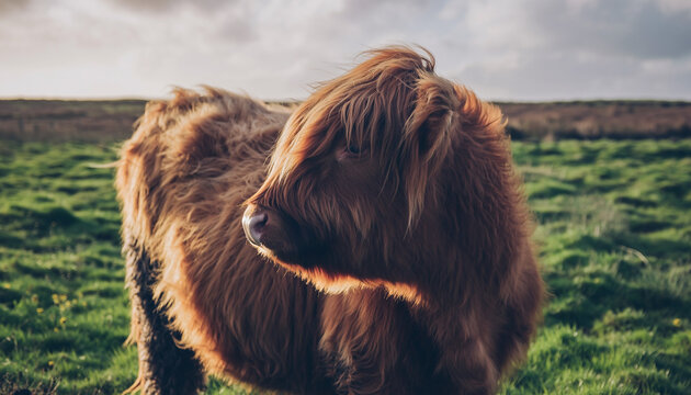 Highland Cow Grazing in a Lush Green Field with Soft Sunlight and Natural Beauty
