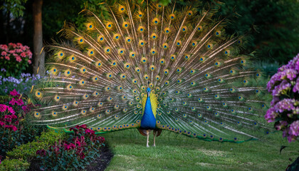 A majestic peacock displays its vibrant, iridescent plumage in a lush garden setting