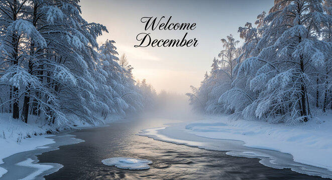 frozen river, welcome december, winter water, snowy trees, cold morning, december greeting, icy surface, winter fog, winter landscape, snow nature, frosty scene, winter reflection, scenic winter, cold