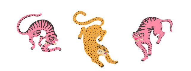 Jungle animal set with funky comic leopard and tiger wildlife.