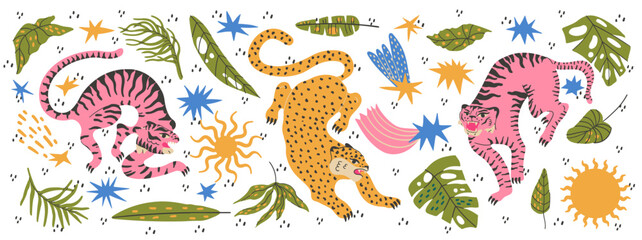 Safari animal bundle with leopard tiger and tropical jungle plants.