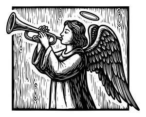 Christmas angel with wings and halo blowing trumpet horn vintage woodcut vector illustration © Anna