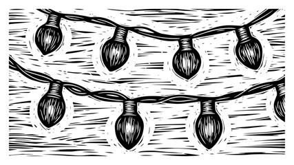 Hand drawn Christmas string lights vector illustration featuring decorative holiday bulb garland on wooden texture background in linocut art style © Anna