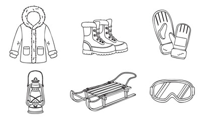 Collection of hand-drawn winter essentials including a warm coat, snow boots, mittens, a wooden sled, ski goggles, and a vintage lantern, presented as a black and white icon set