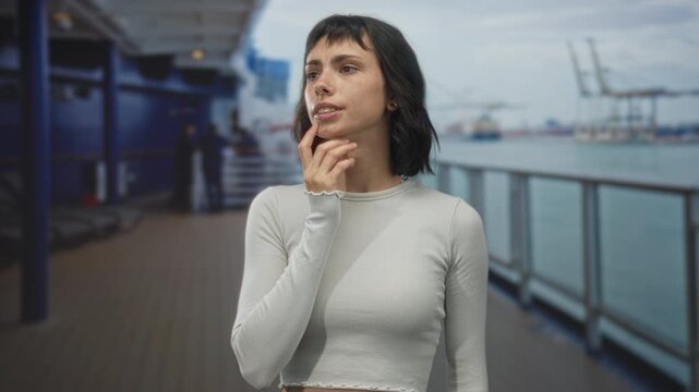 Woman touches chin with hand while standing on sunny boat deck overlooking harbor water; quiet introspection.