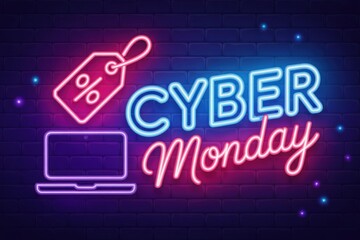Cyber monday neon sign on brick wall for online shopping deals