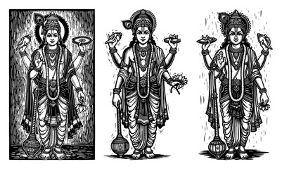 lord vishnu standing with attributes conch discus lotus and mace woodcut engraving vector
