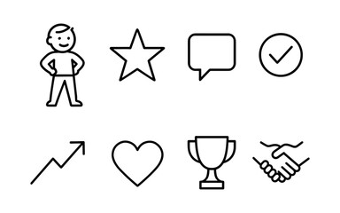 Fototapeta premium Minimalist icons set featuring people, star, speech bubble, checkmark, growth, heart, trophy, and handshake