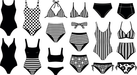 Diverse Swimwear and Bathing Suit Silhouettes Vector Set, Featuring Bikini, One-Piece, and Various Fashionable Beach Clothes for Summer.