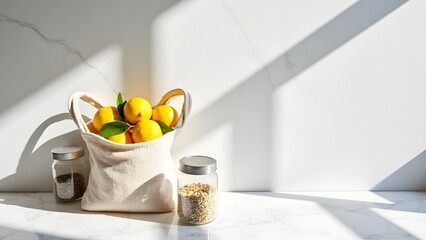 Zero Waste Eco Friendly Mesh Bag With Lemons On Marble Counter